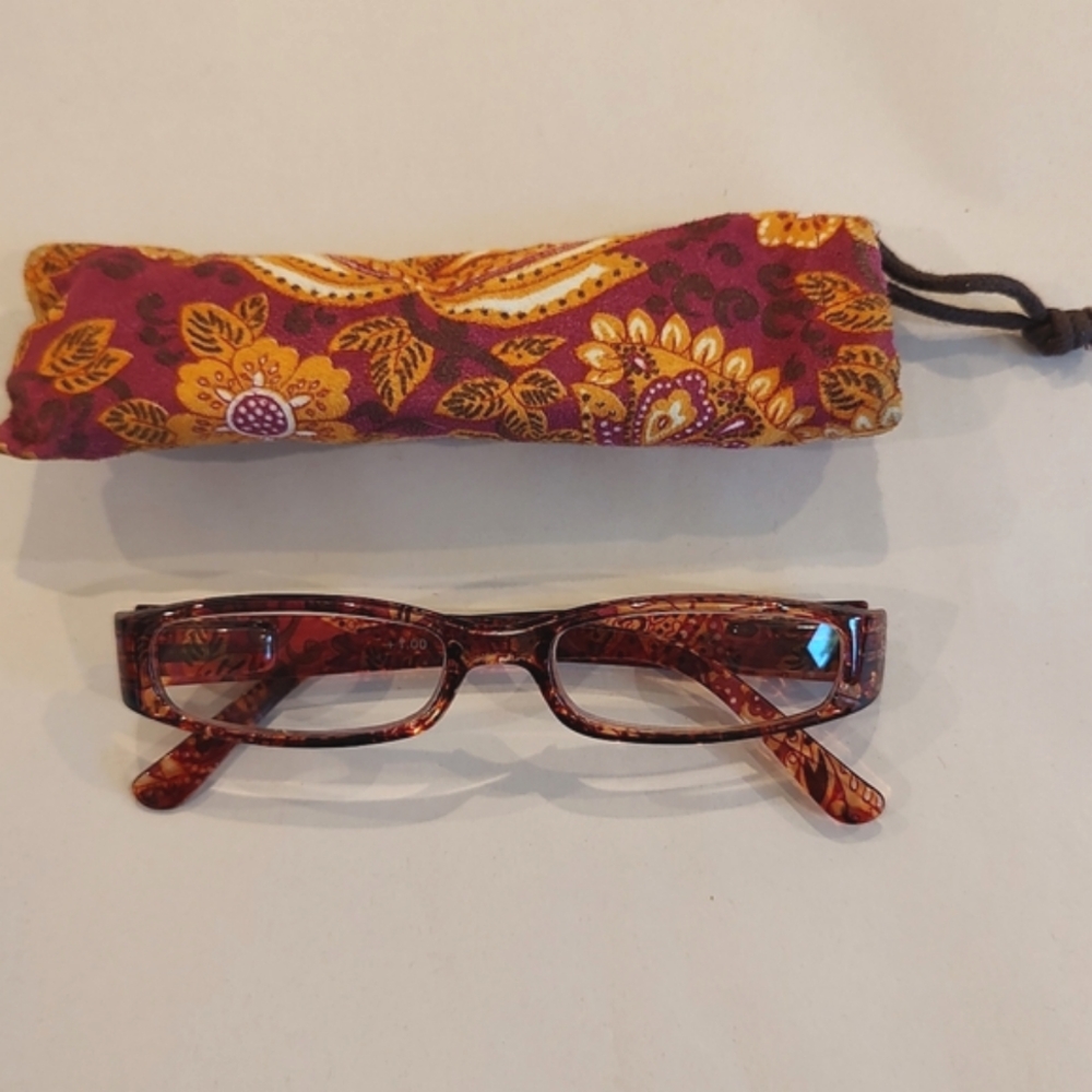 Chico's Reader Glasses Red Orange Floral With Dust Bag +1.00